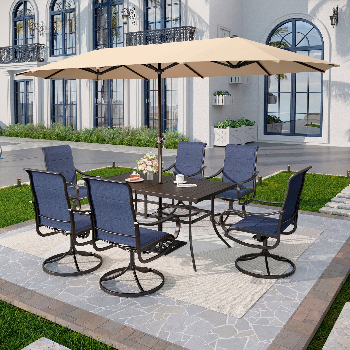 Captiva Designs 8pc Patio Dining Set with Rectangular steel table & Padded Sling Swivel Chairs & Market Umbrella