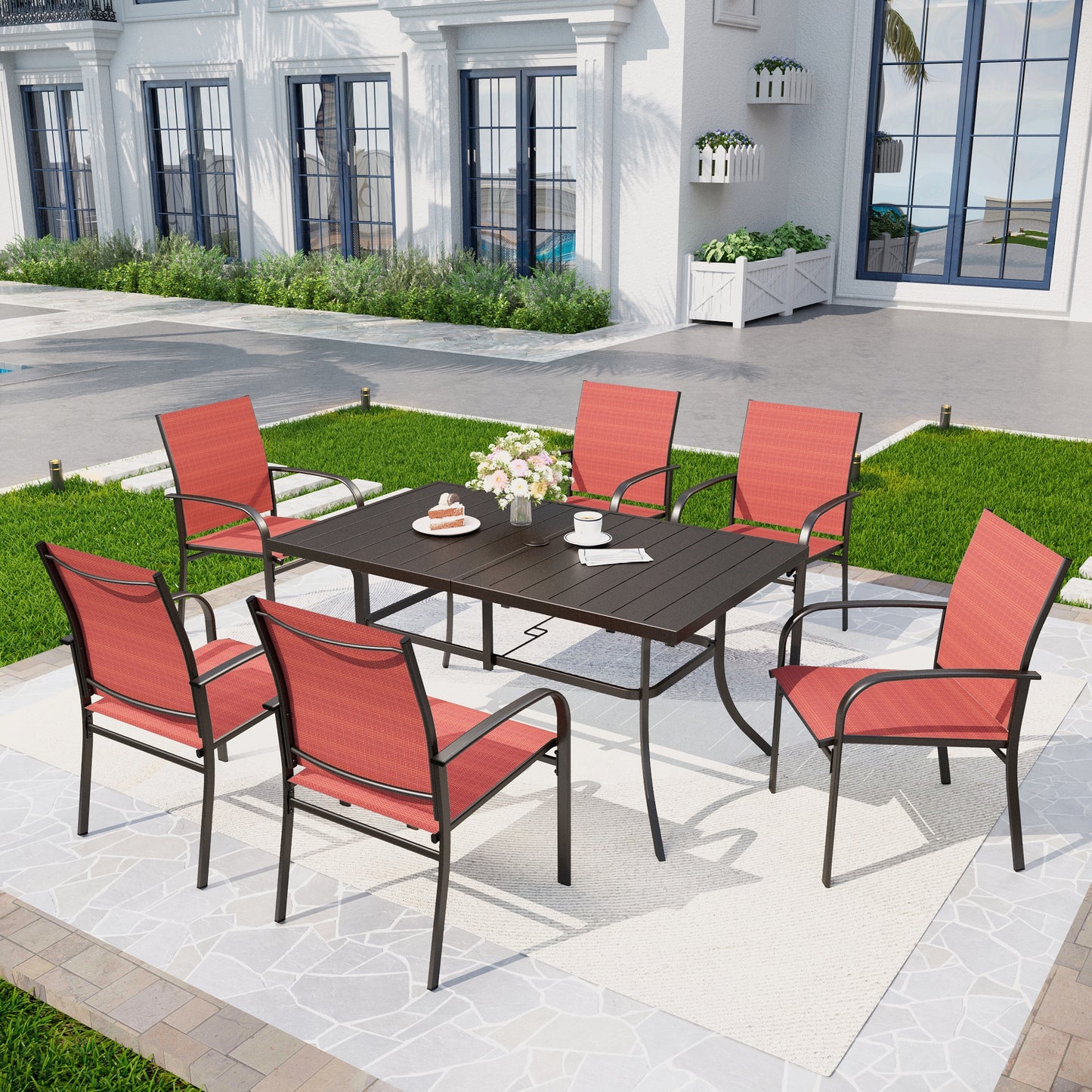 Captiva Designs 7pc Patio Dining Set with Slat-top Rectangle Table & Sling Fixed Dining Chairs