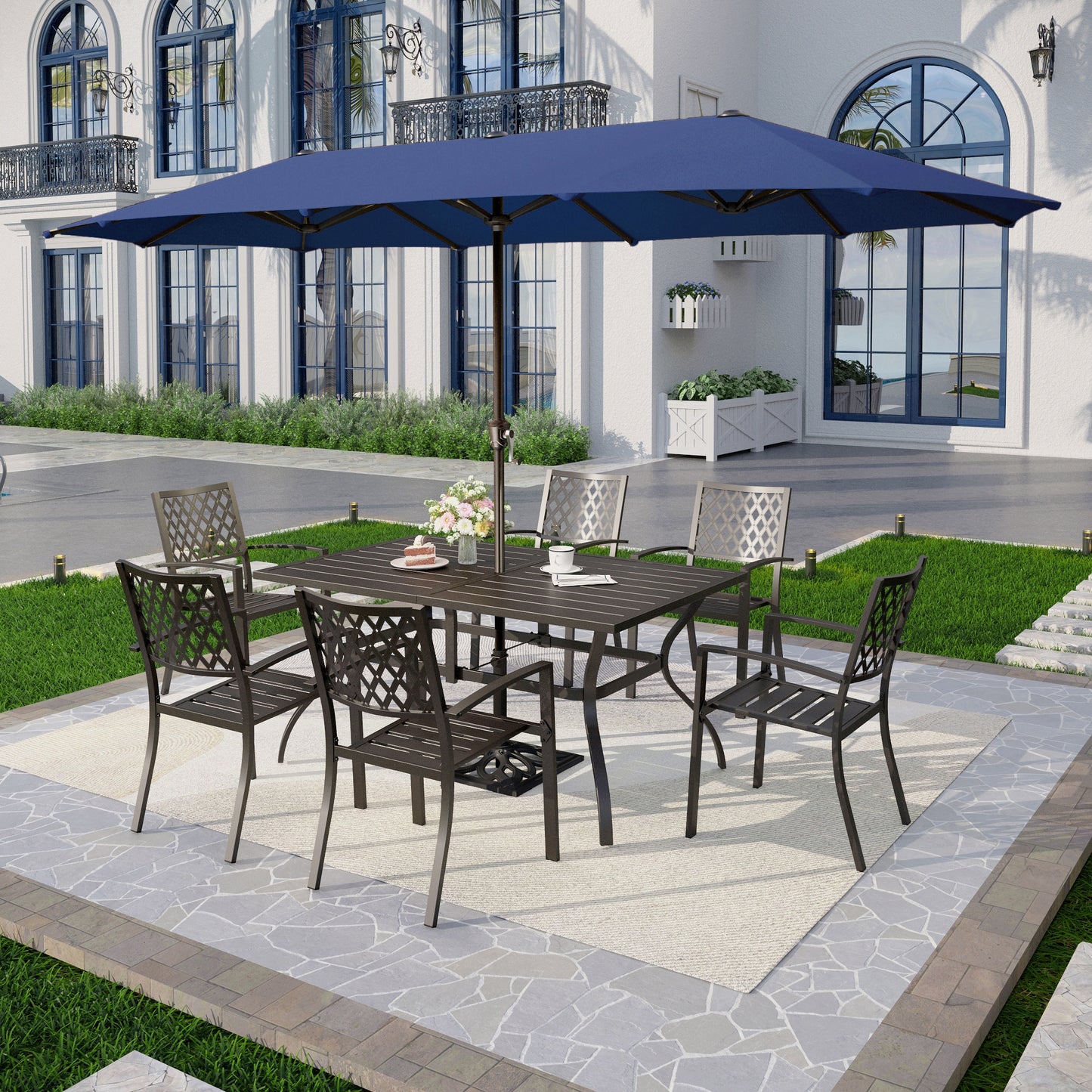 Captiva Designs 8pc Patio Slat-top Rectangle Steel Table & Metal Stackable Chairs  & 13ft Large Umbrella