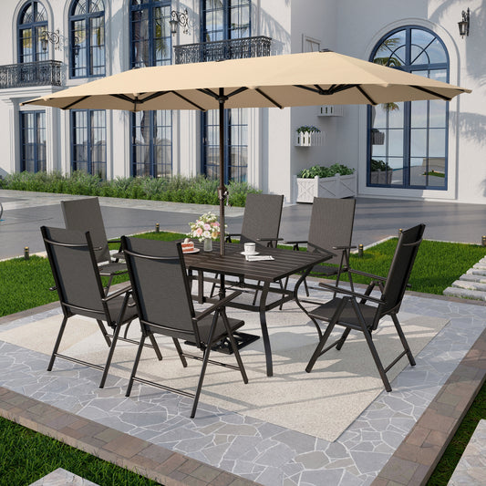 Captiva Designs 8pc Patio Slat-top Rectangle Table & Textilene Reclining Foldable Chairs & 13ft Large Umbrella