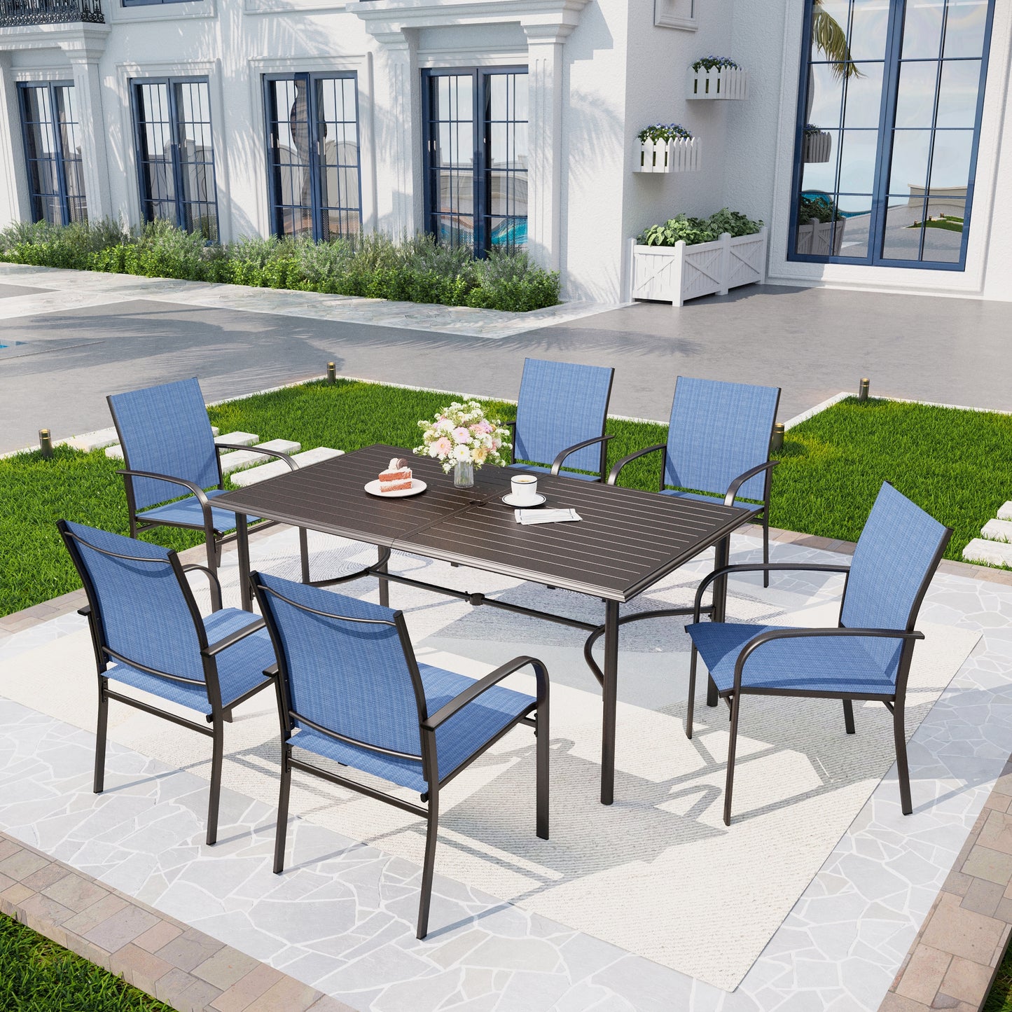 Captiva Designs 7pc Patio Dining Rectangle Steel Table with C-shaped Cross Bracket & Sling Fixed Chairs