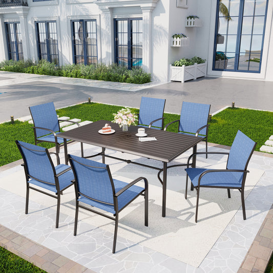 Captiva Designs 7pc Patio Dining Rectangle Steel Table with C-shaped Cross Bracket & Sling Fixed Chairs