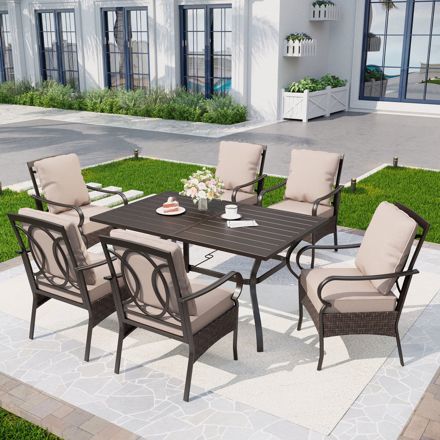 Captiva Designs 7pc Patio Dining Set with Slat-top Steel Table & Rattan Metal Chairs with Removable Cushions