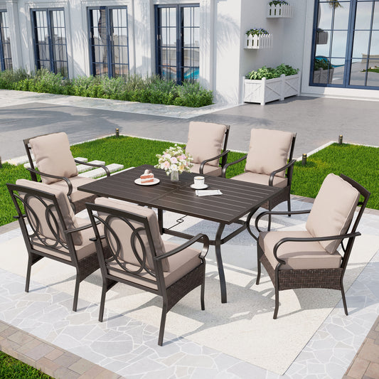 Captiva Designs 7pc Patio Dining Set with Slat-top Steel Table & Rattan Metal Chairs with Removable Cushions