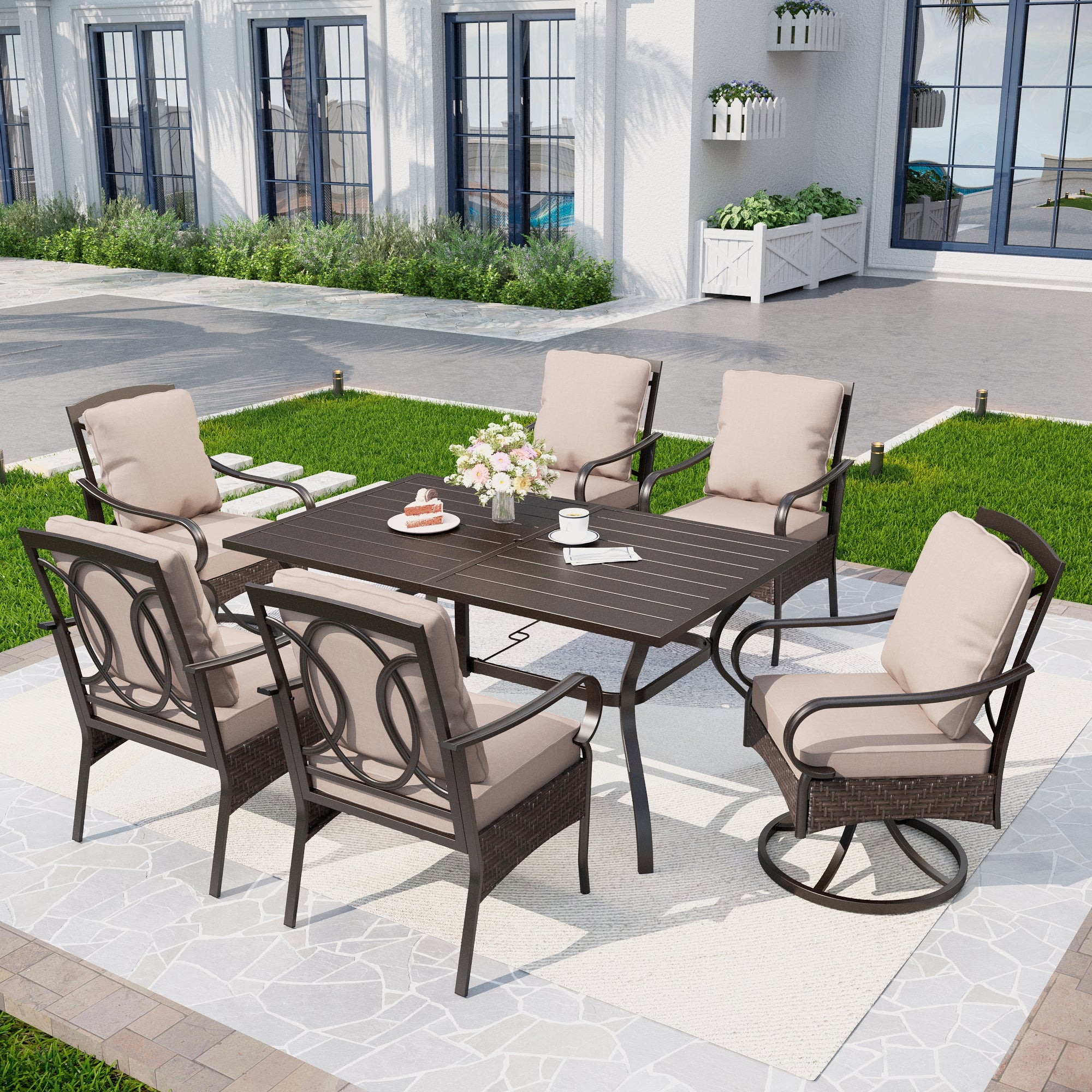 Captiva Designs 7pc Patio Dining Set with Slat-top Rectangle Table & R ...