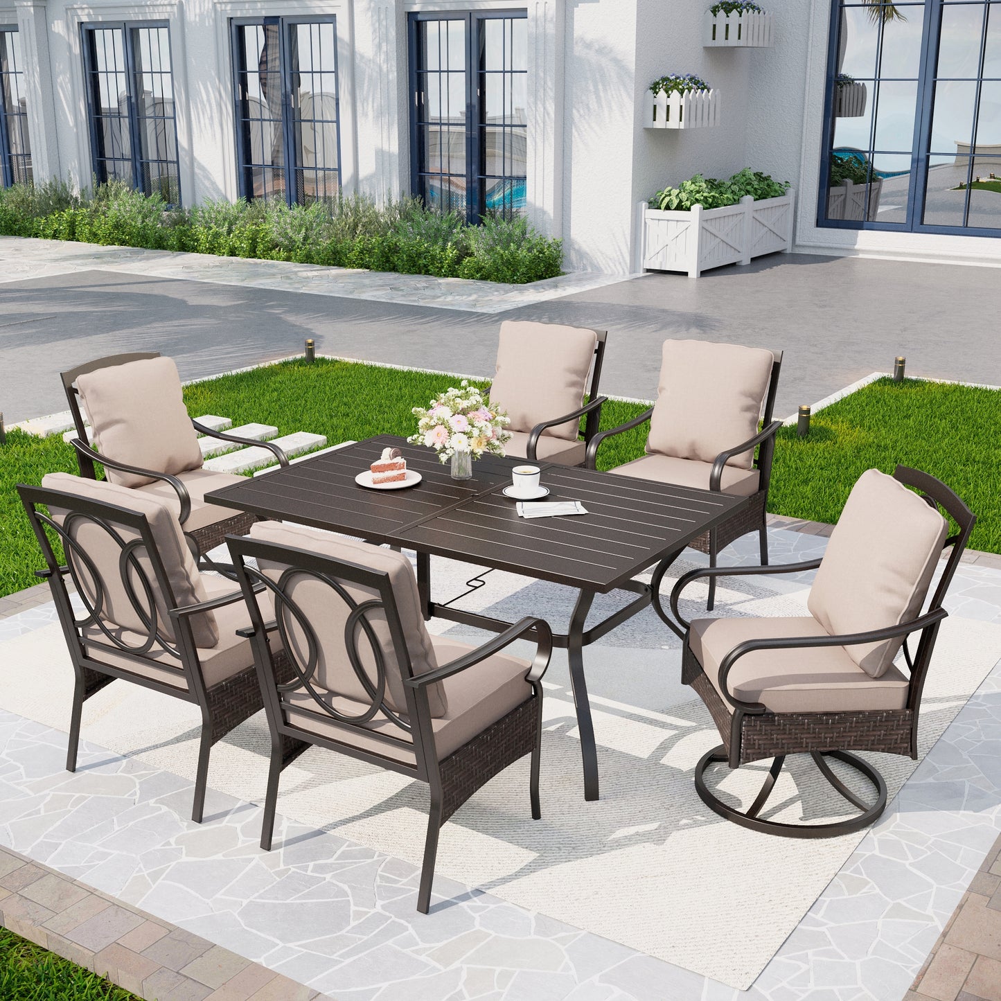 Captiva Designs 7pc Patio Dining Set with Slat-top Rectangle Table & Rattan Metal Fixed Chairs & Swivel Arm Chairs