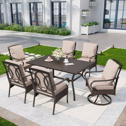 Captiva Designs 7pc Patio Dining Set with Slat-top Rectangle Table & Rattan Metal Fixed Chairs & Swivel Arm Chairs