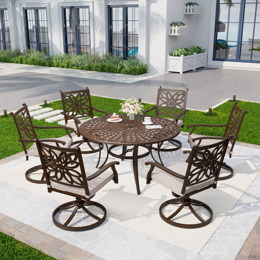 Captiva Designs 7PC Cast Aluminum Patio Dining Set with Round Table & Flower Back Chairs