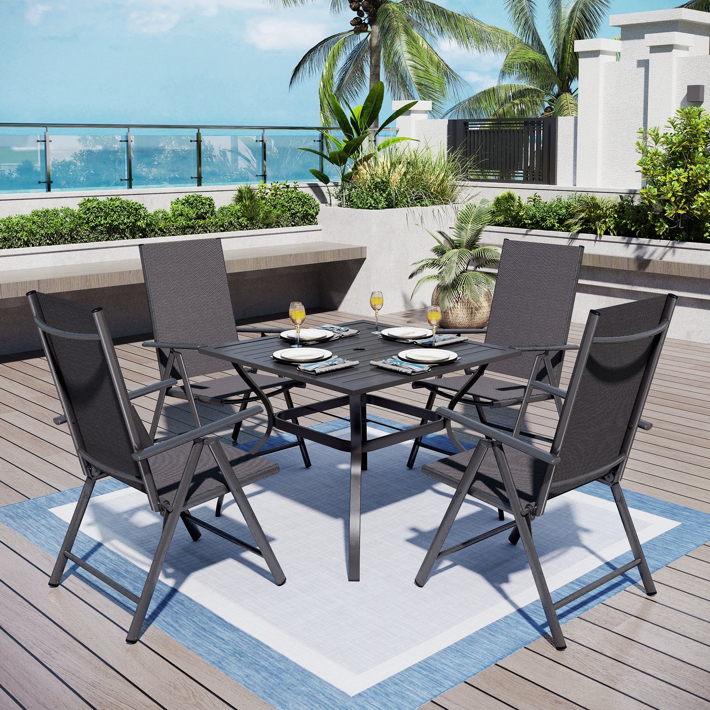 Captiva Designs 5pc Patio Dining Set Steel Frame Table with Umbrella Hole & Textilene Reclining Foldable Chairs