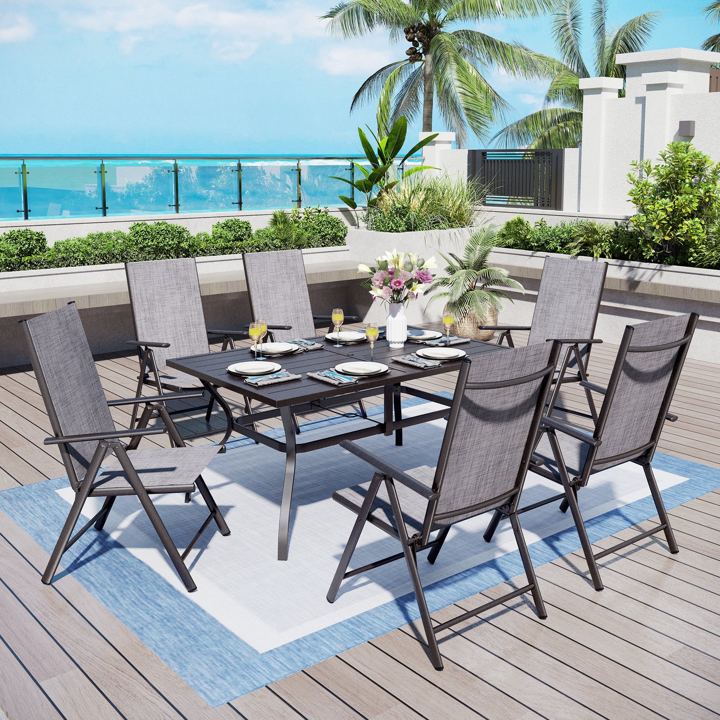Captiva Designs 7pc Patio Dining Set with Slat-top Rectangle Table & Sling Foldable Chair