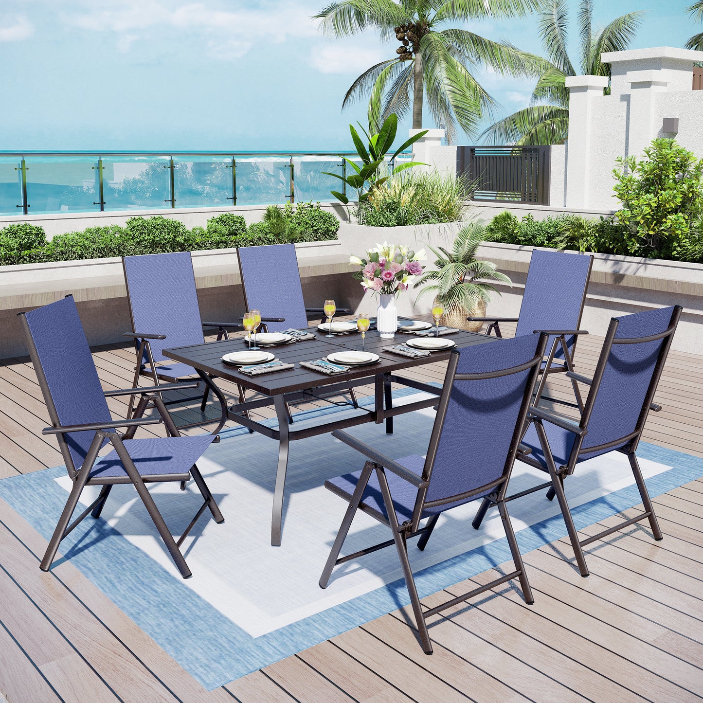 Captiva Designs 7pc Patio Dining Set with Slat-top Rectangle Table & Sling Foldable Chair