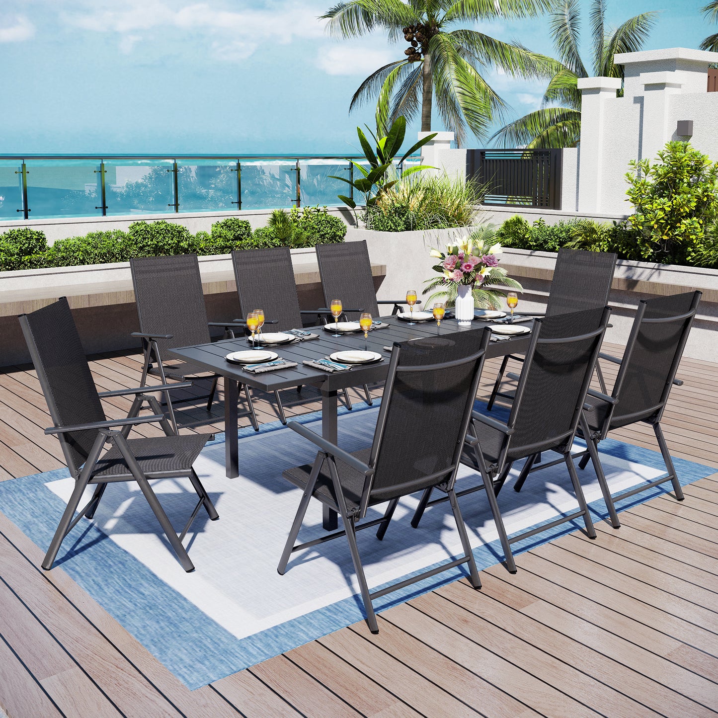 Captiva Designs 9pc Patio Dining Set with Slat-top Adjustable Steel Rectangle Table & Sling Foldable Chair