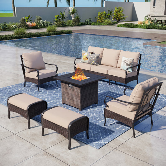Captiva Designs 6pc Extra Large Metal and Rattan Outdoor Patio Fire Pit Set with Armchairs and Ottomans
