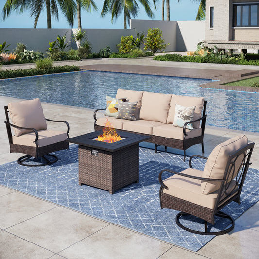 Captiva Designs 4pc Extra Large Metal and Rattan Outdoor Patio Fire Pit Set with Swivel Armchairs