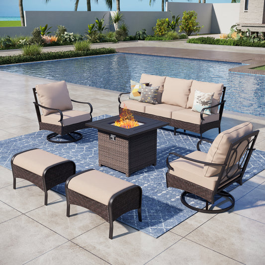 Captiva Designs 6pc Extra Large Metal and Rattan Outdoor Patio Fire Pit Set with Swivel Armchairs and Ottomans