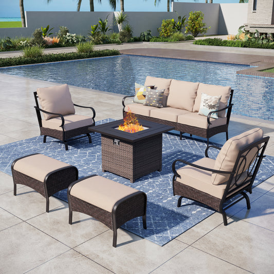 Captiva Designs 6pc Extra Large Metal and Rattan Outdoor Patio Fire Pit Set with Rocking Armchairs and Ottomans