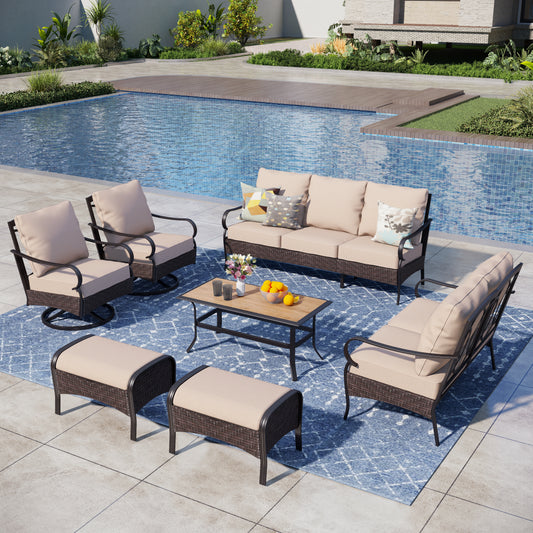 Captiva Designs 7pc Extra Large Metal and Rattan Outdoor Patio Conversation Set with Loveseat and Ottomans
