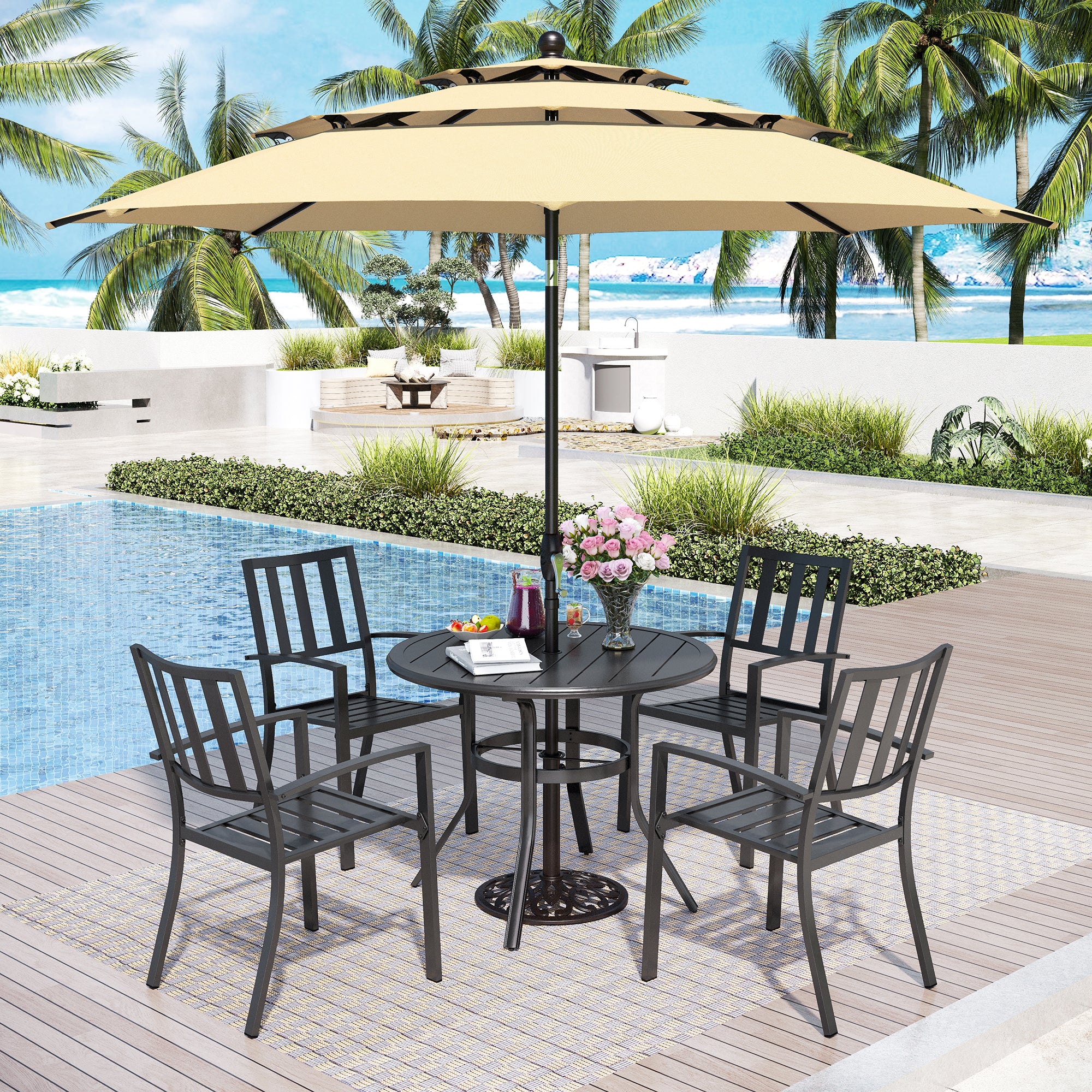 Captiva Designs 6pc Patio Round Dining Table & Stackable Fixed Chairs ...