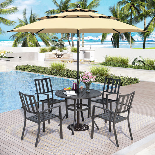 Captiva Designs 6pc Patio Round Dining Table & Stackable Fixed Chairs & 10ft 3 Tier Auto-tilt Umbrella