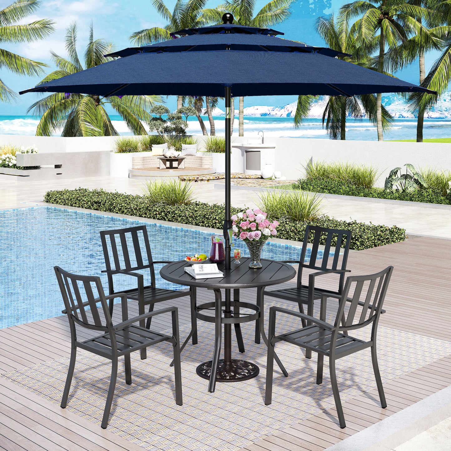 Captiva Designs 6pc Patio Round Dining Table & Stackable Fixed Chairs & 10ft 3 Tier Auto-tilt Umbrella