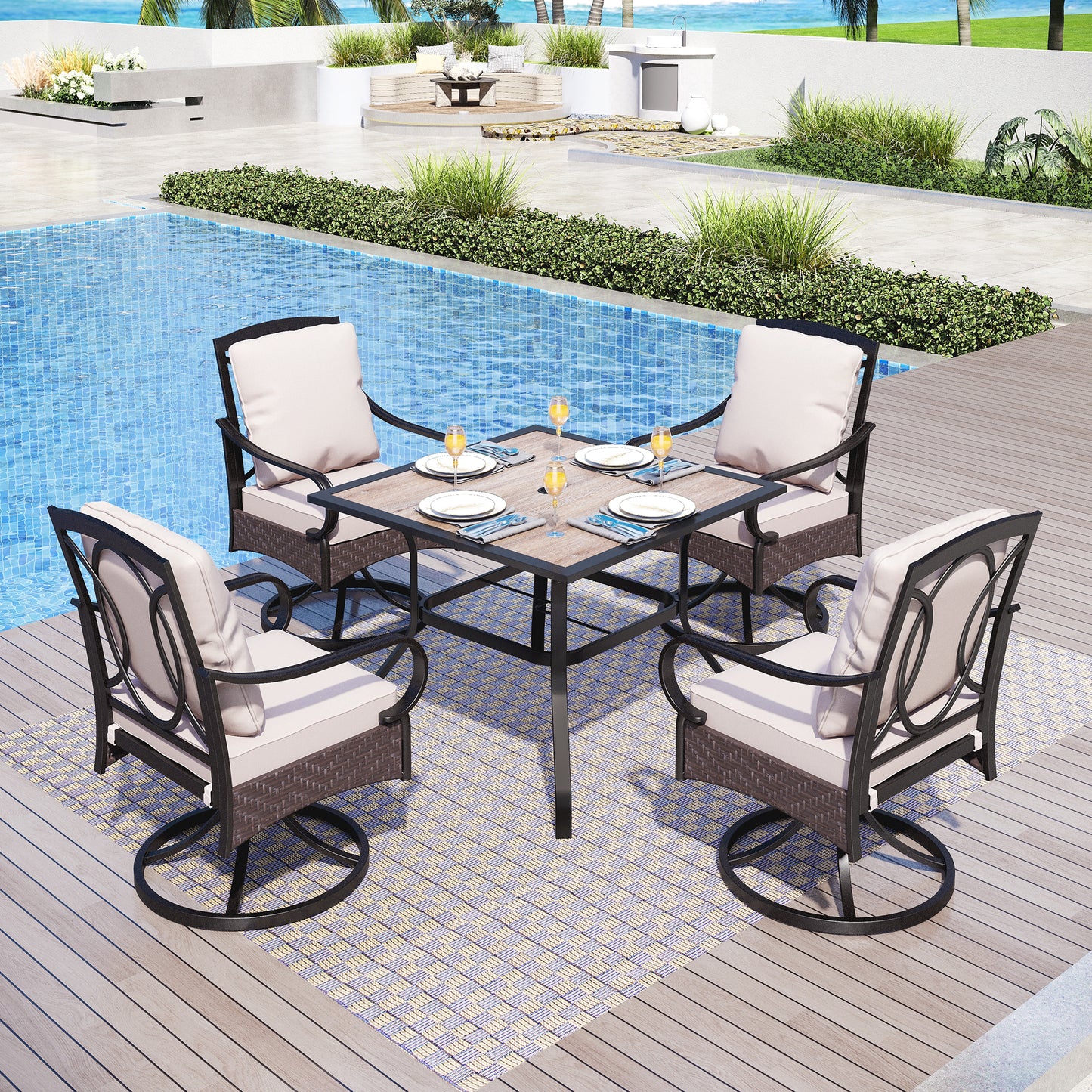 Captiva Designs 5pc Outdoor Patio Metal Dining Table & Rattan Chairs with Removable Cushions