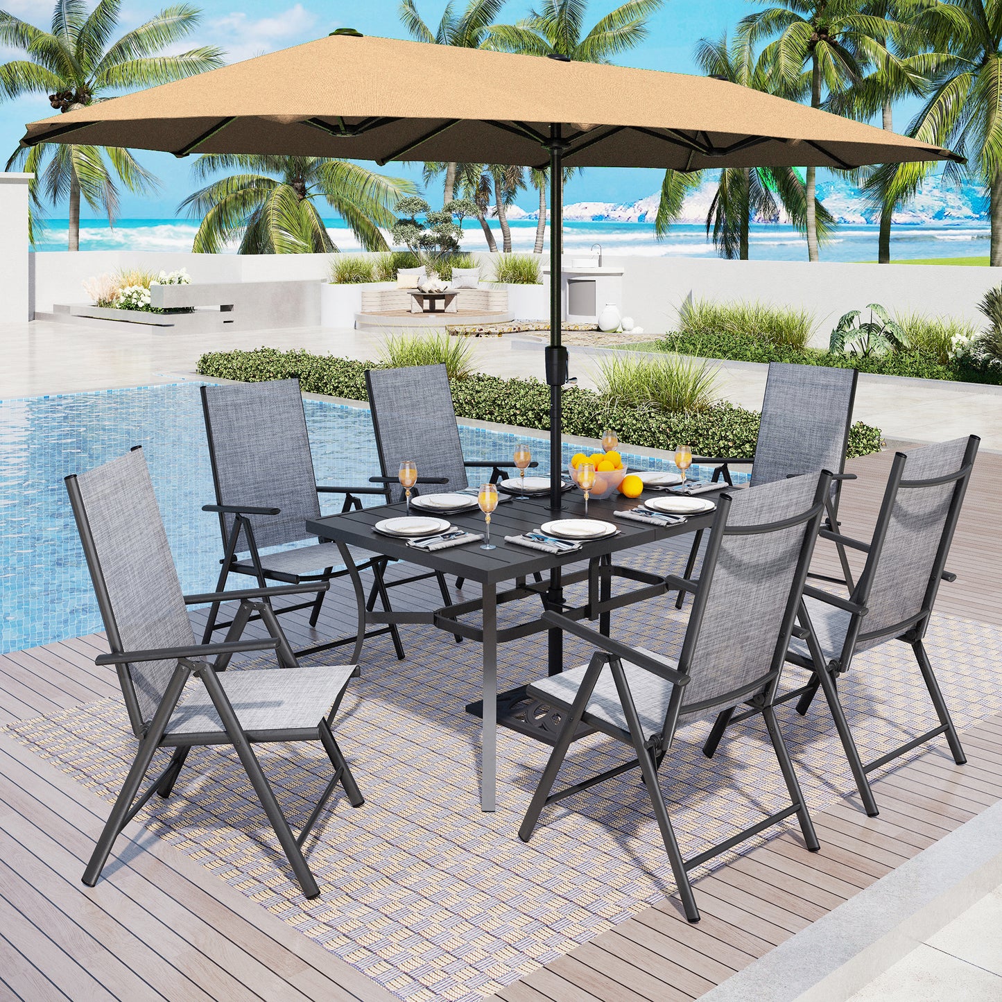 Captiva Designs 8pc Patio Slat-top Rectangle Table & Textilene Reclining Foldable Chairs & 13ft Large Umbrella