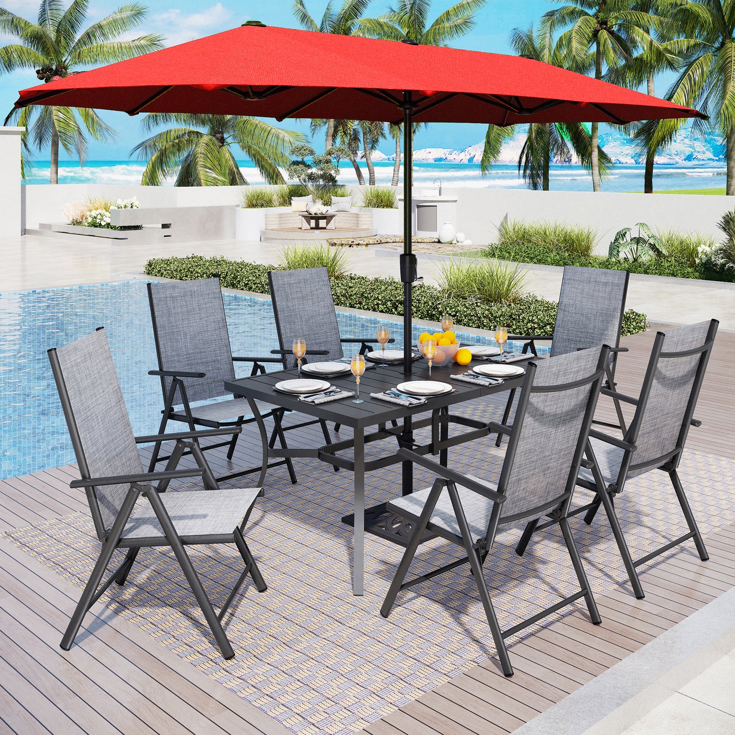 Captiva Designs 8pc Patio Slat-top Rectangle Table & Textilene Reclining Foldable Chairs & 13ft Large Umbrella