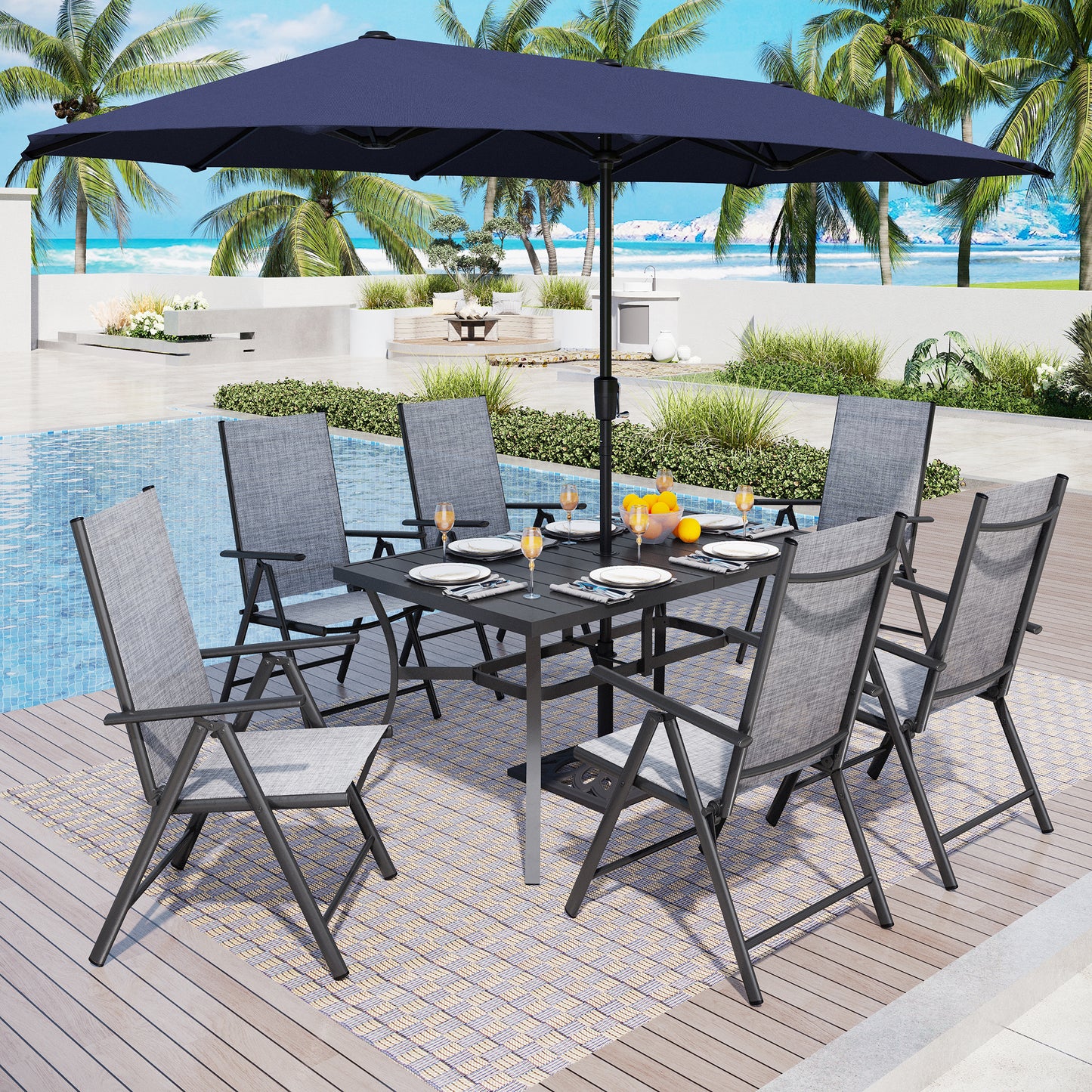 Captiva Designs 8pc Patio Slat-top Rectangle Table & Textilene Reclining Foldable Chairs & 13ft Large Umbrella