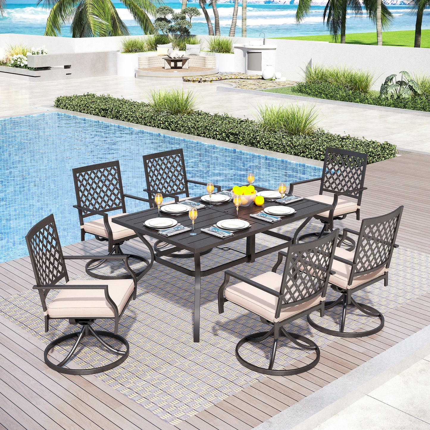 Captiva Designs 7pc Outdoor Patio Dining Slat-top Rectangle Steel Table & Swivel Metal Chairs
