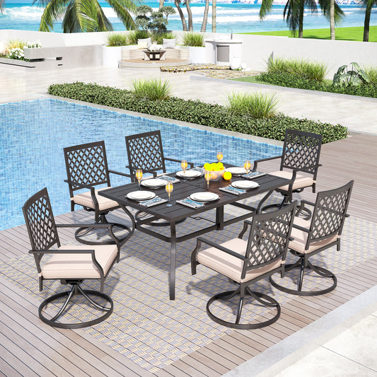 Captiva Designs 7pc Outdoor Patio Dining Slat-top Rectangle Steel Table & Swivel Metal Chairs