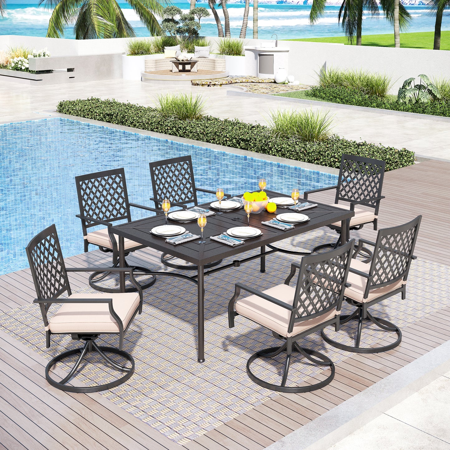 Captiva Designs 7pc Patio Dining Geometric Pattern Rectangular Steel Table & Mesh Back Metal Arm Chairs