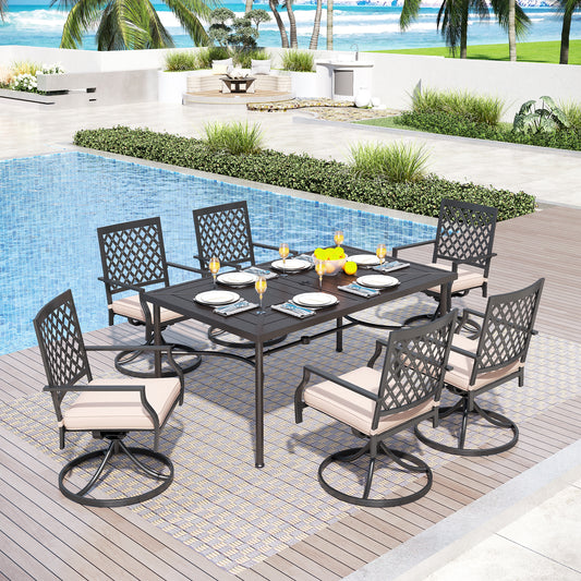 Captiva Designs 7pc Patio Dining Geometric Pattern Rectangular Steel Table & Mesh Back Metal Arm Chairs
