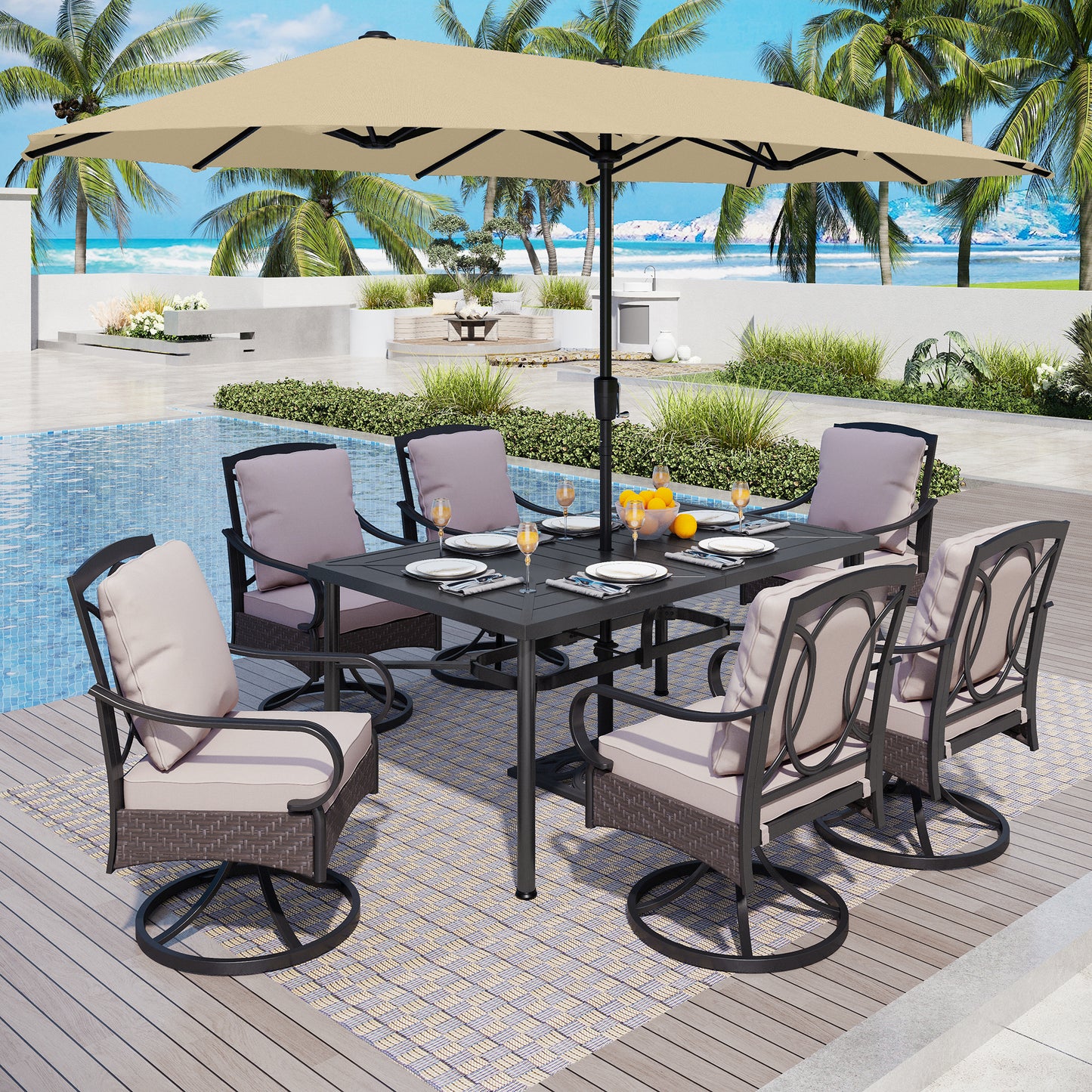 Captiva Designs 8pc Patio Geometric Pattern Rectangle Dining Table & Rattan Swivel Chairs & Beige Umbrella