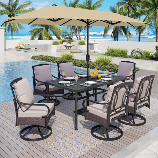 Captiva Designs 8pc Patio Geometric Pattern Rectangle Dining Table & Rattan Swivel Chairs & Beige Umbrella