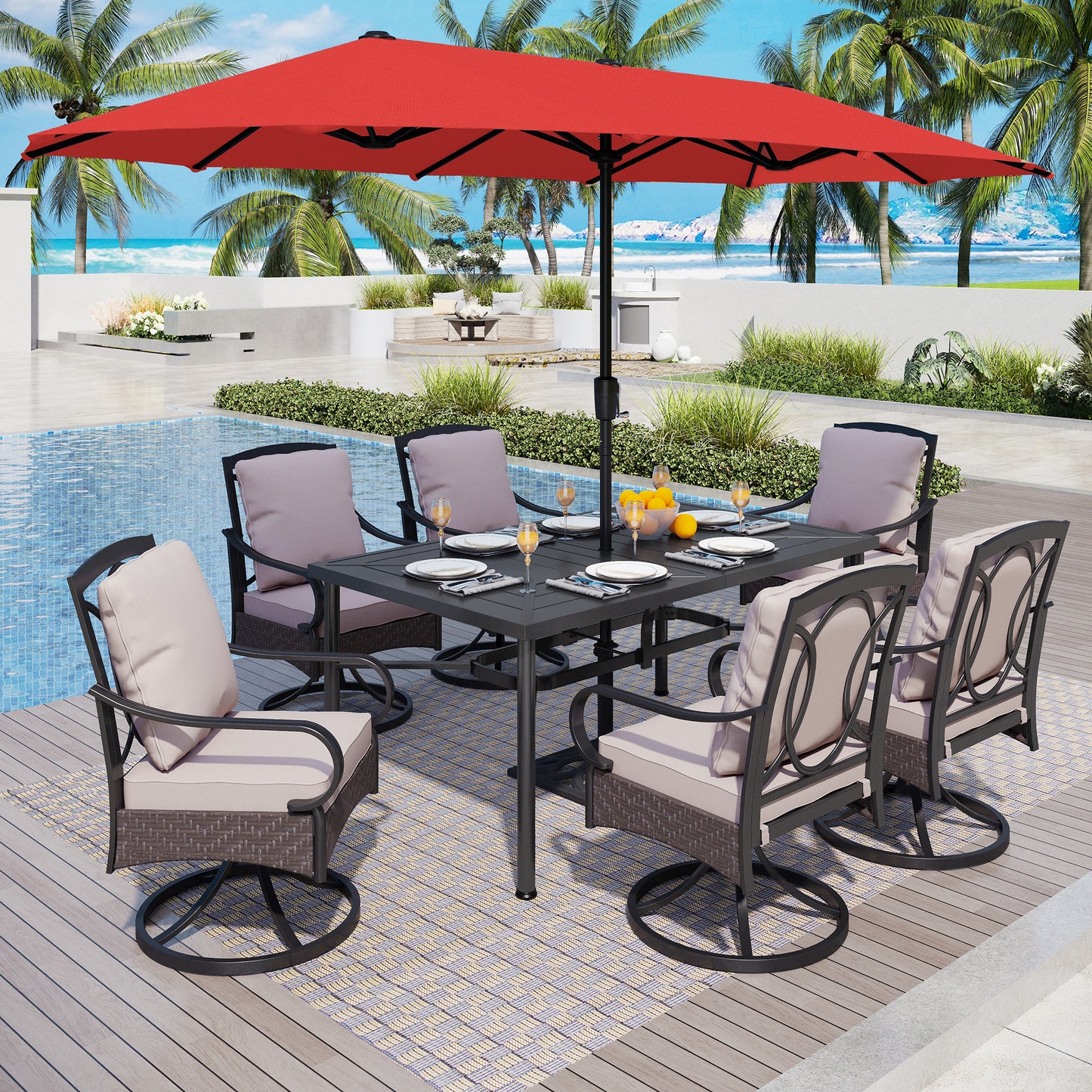 Captiva Designs 8pc Outdoor Patio Rectangle Steel Dining Table & Rattan Swivel Chairs & Market Umbrella