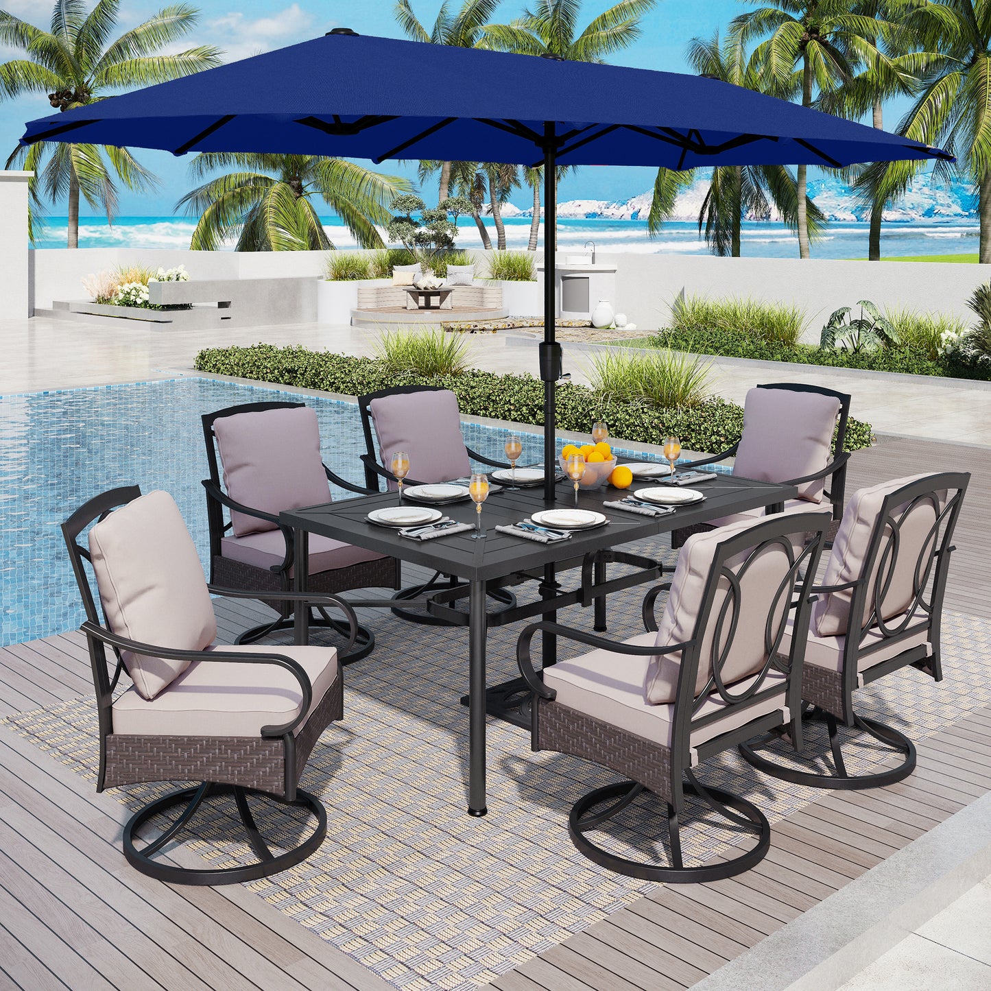 Captiva Designs 8pc Outdoor Patio Rectangle Steel Dining Table & Rattan Swivel Chairs & Market Umbrella