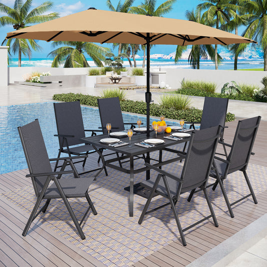 Captiva Designs 8pc Patio Slat-top Rectangle Table & Textilene Reclining Foldable Chairs & 13ft Large Umbrella