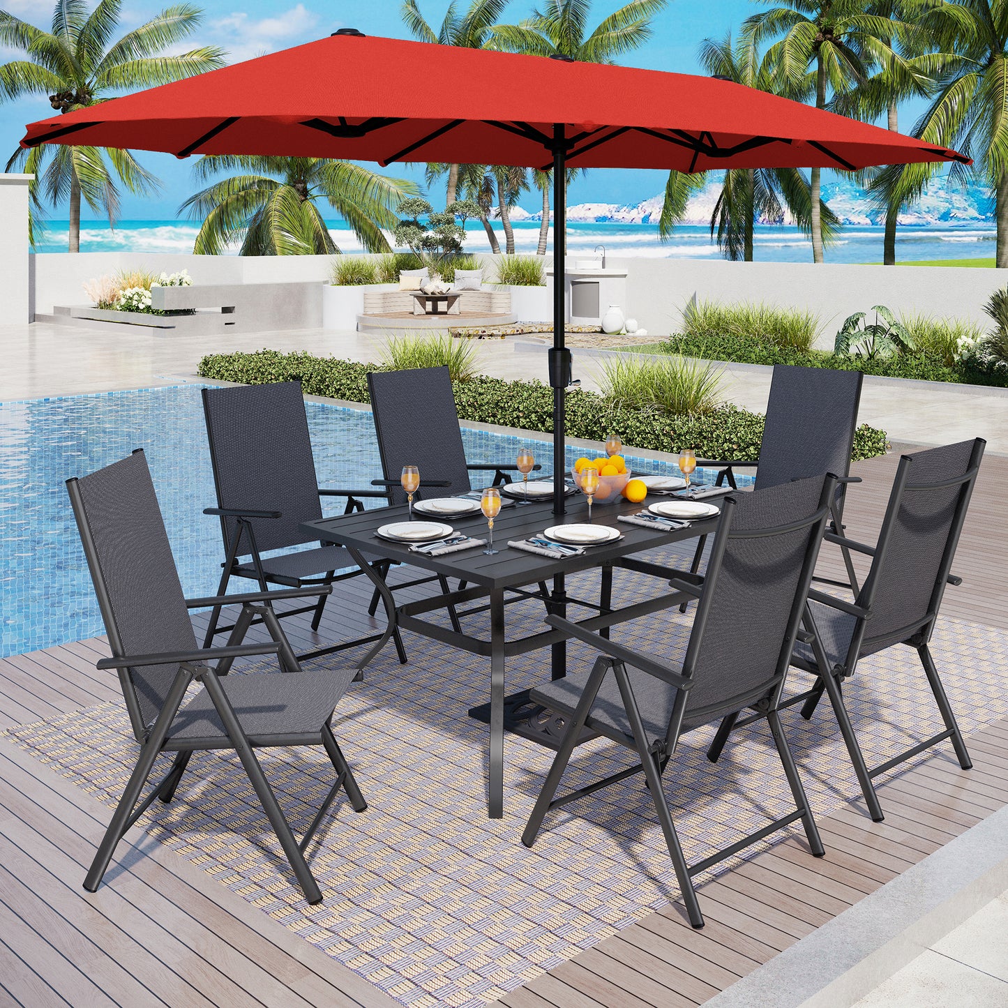 Captiva Designs 8pc Patio Slat-top Rectangle Table & Textilene Reclining Foldable Chairs & 13ft Large Umbrella