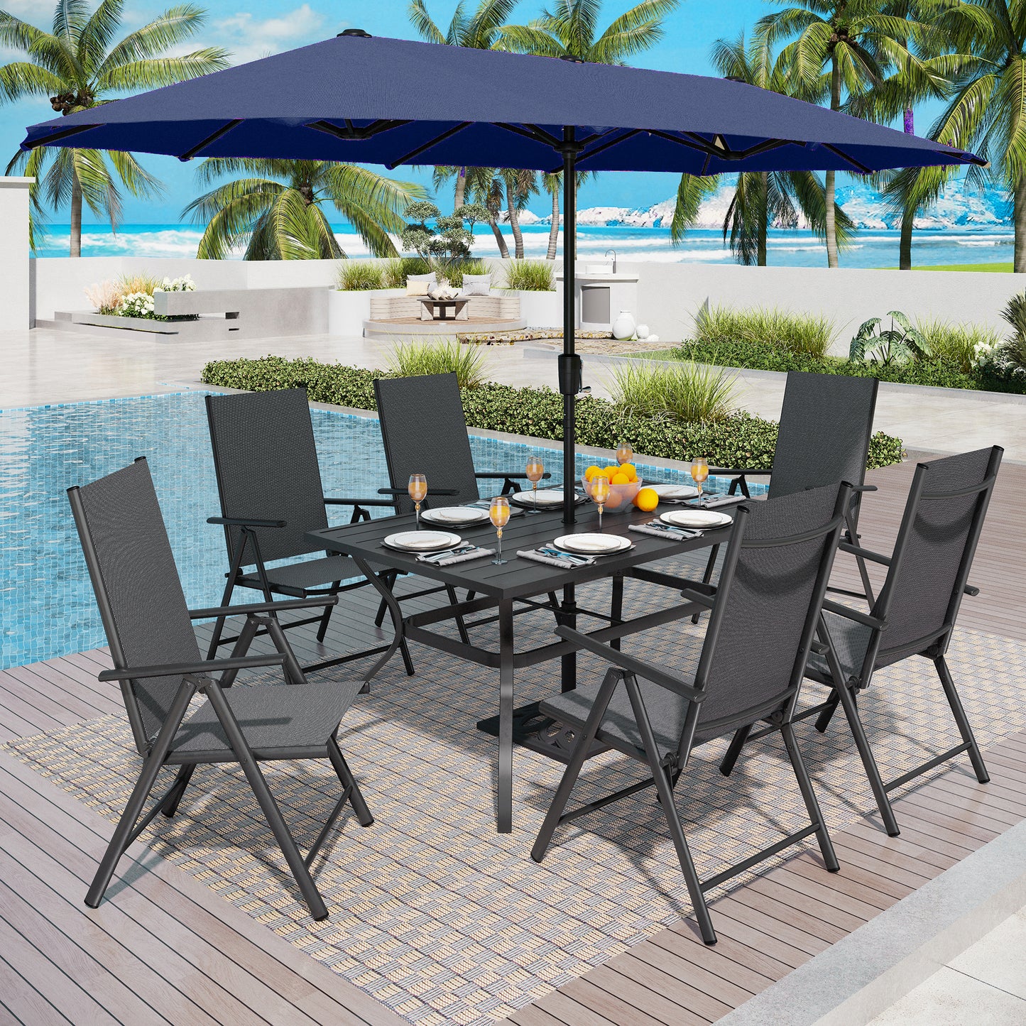 Captiva Designs 8pc Patio Slat-top Rectangle Table & Textilene Reclining Foldable Chairs & 13ft Large Umbrella