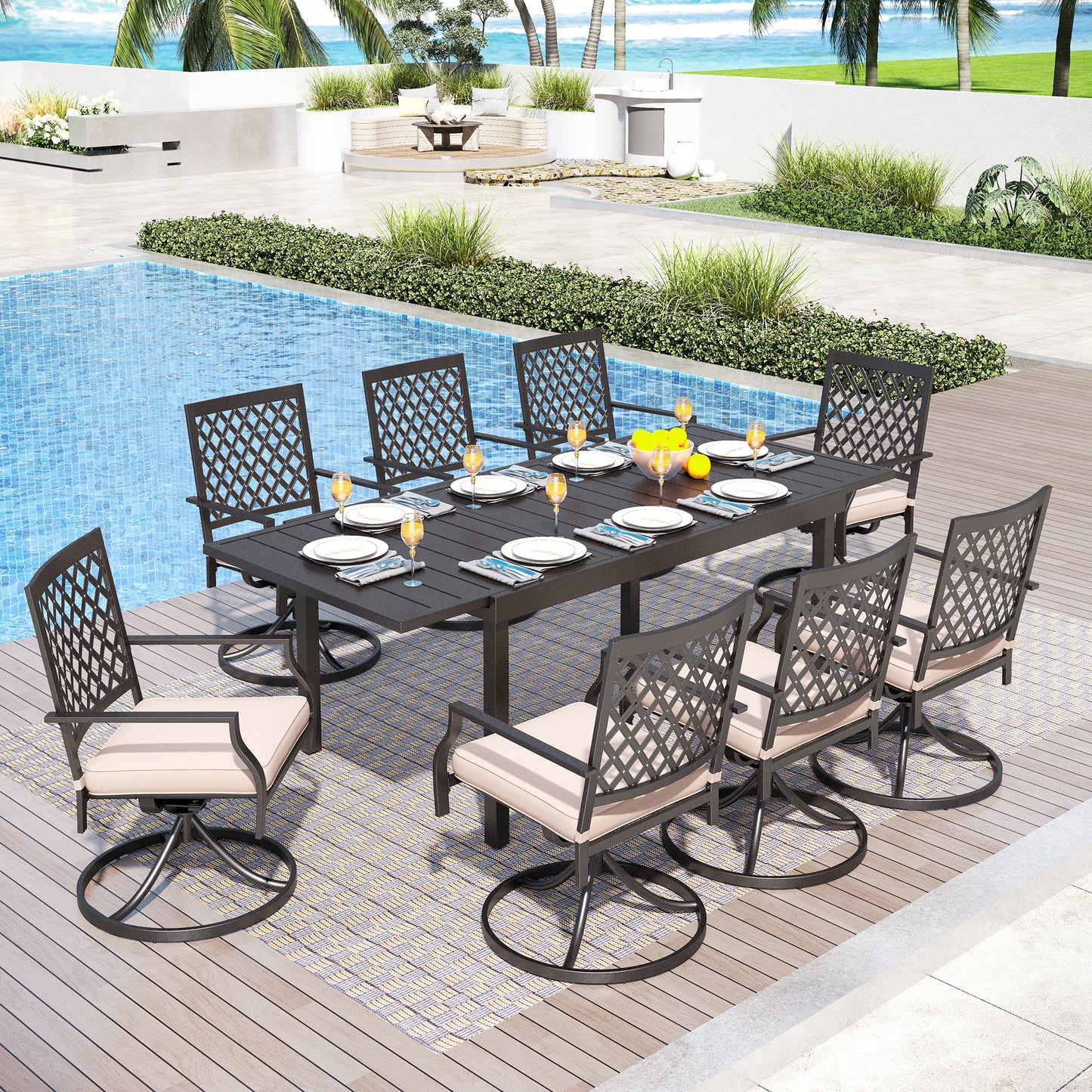 Captiva Designs 9pc Patio Slat-top Adjustable Steel Rectangle Dining Table & Black Metal Chairs