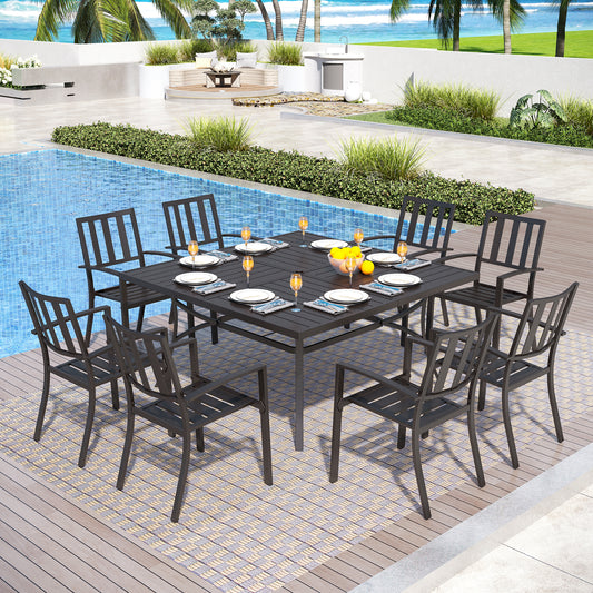 Captiva Designs 9pc Spacious Slat-top Square Metal Table with Umbrella Hole & Metal Stackable Chairs with Perforated Back
