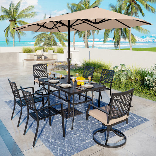 Captiva Designs 8pc Outdoor Slat-top Rectangular Steel Dining Table & Black Steel Chairs & Beige Umbrella