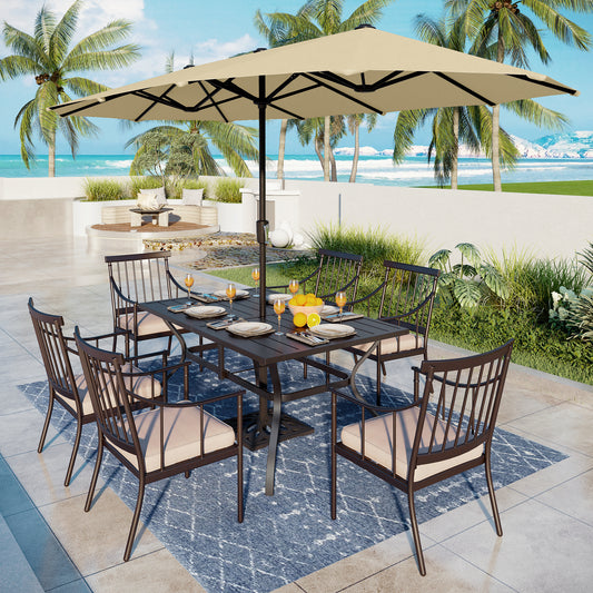 Captiva Designs 8pc Patio Dining Black Rectangular Table & Stylish Metal Chairs & Market Umbrella