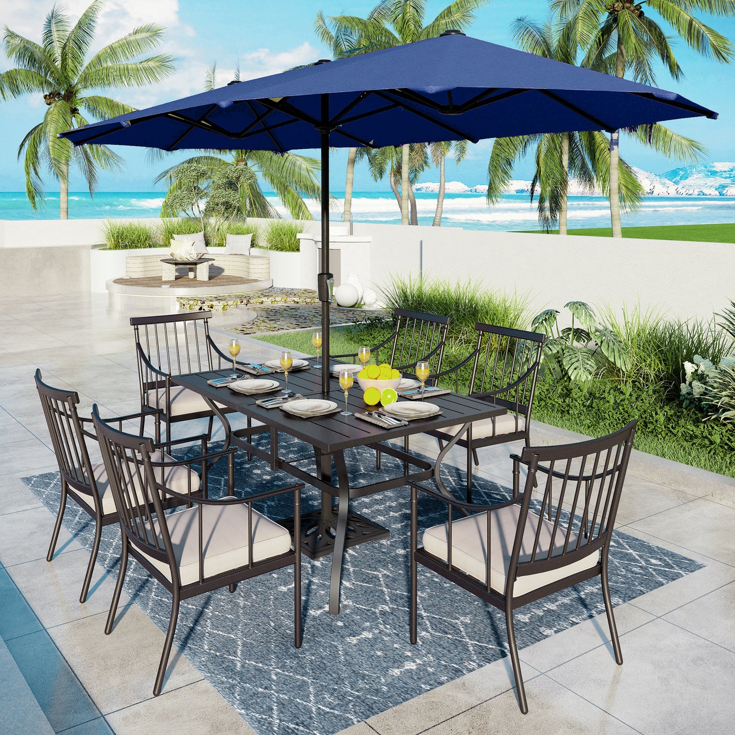 Captiva Designs 8pc Patio Dining Black Rectangular Table & Stylish Metal Chairs & Market Umbrella