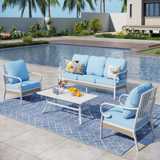 Captiva Designs 4pc Extra Large Metal and Rattan Outdoor Patio Conversation Set with Grid-back Armchairs and Table