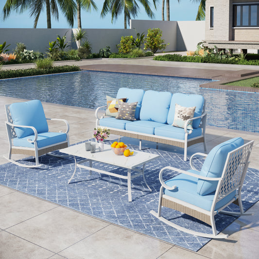 Captiva Designs 4pc Extra Large Metal and Rattan Outdoor Patio Conversation Set with Rocking Grid-back Chairs and Table