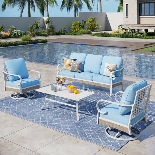 Captiva Designs 4pc extra large metal and rattan outdoor patio conversation set with swivel grid-back chairs and table