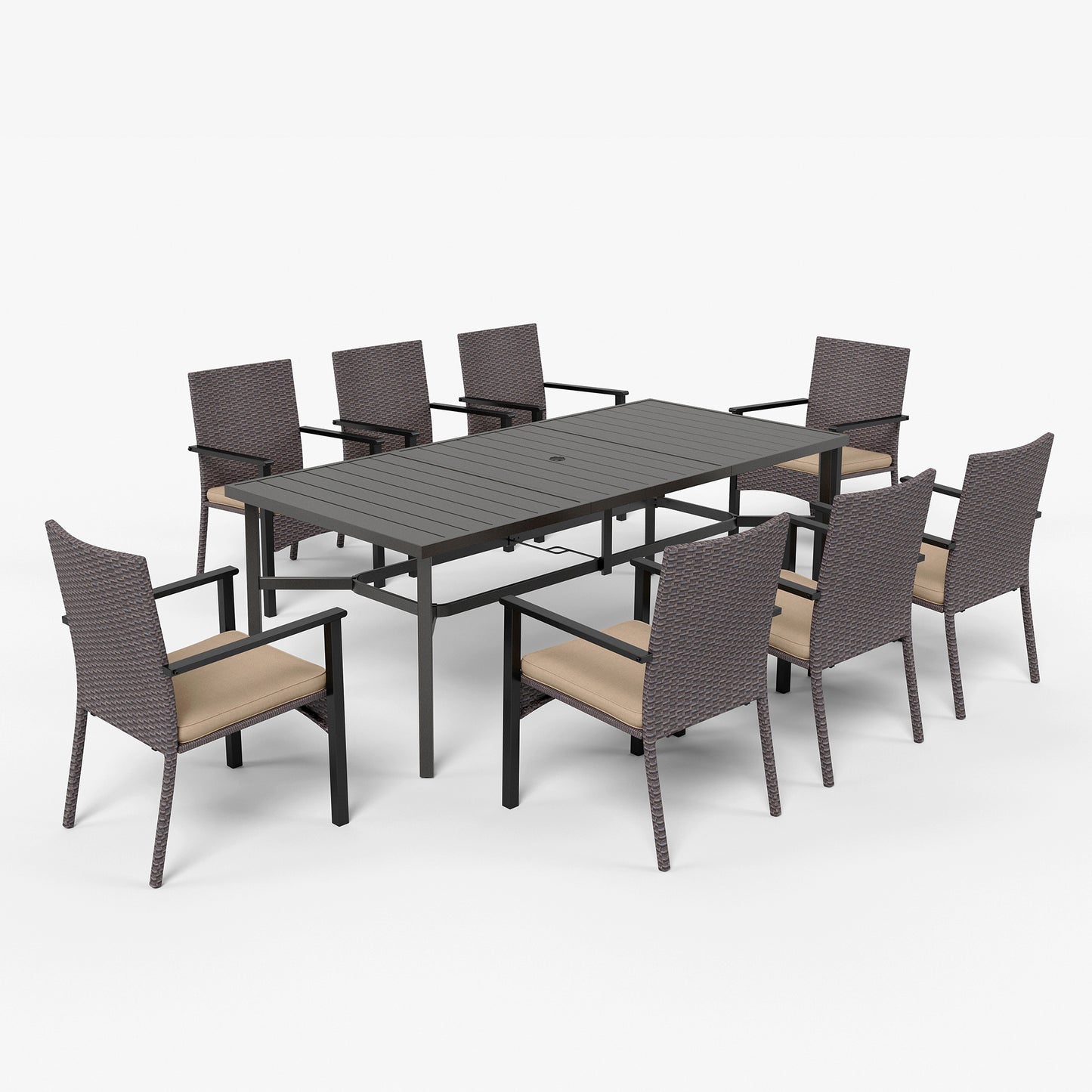 Captiva Designs 9 件套宽敞板条矩形金属桌，带伞孔和新月形扶手藤椅