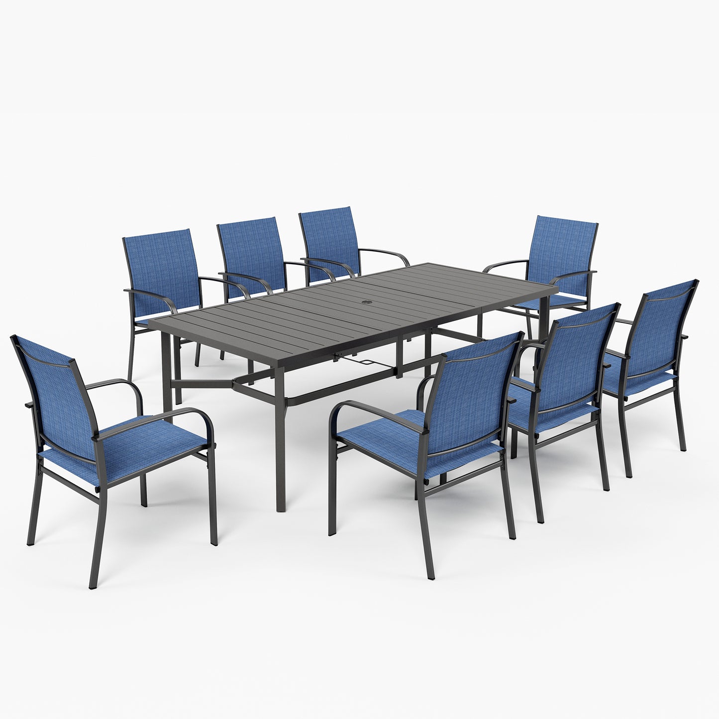 Captiva Designs 9 件套宽敞板顶矩形金属桌，带伞孔和棕色 Textilene 椅子