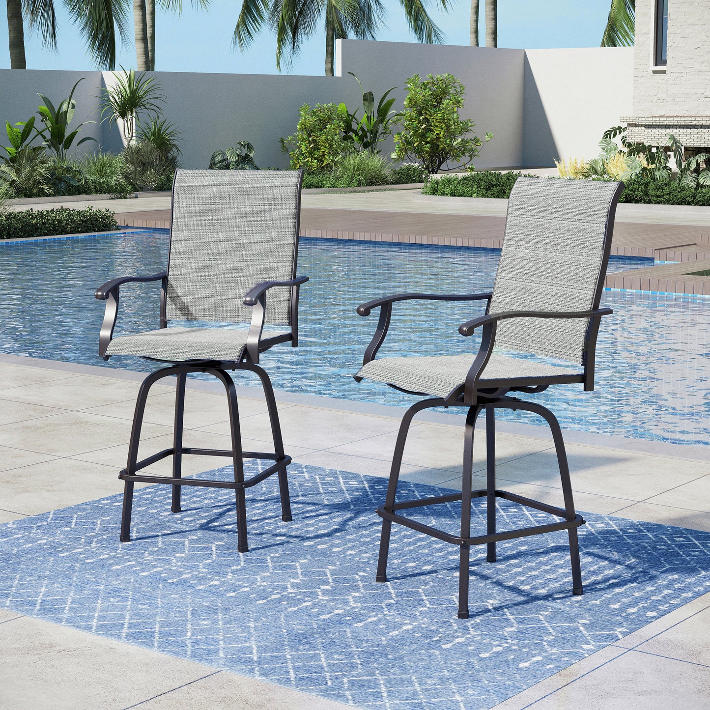 Captiva Designs Outdoor Patio Sling Bar Stools with Waved Armrests & Reinforced Base